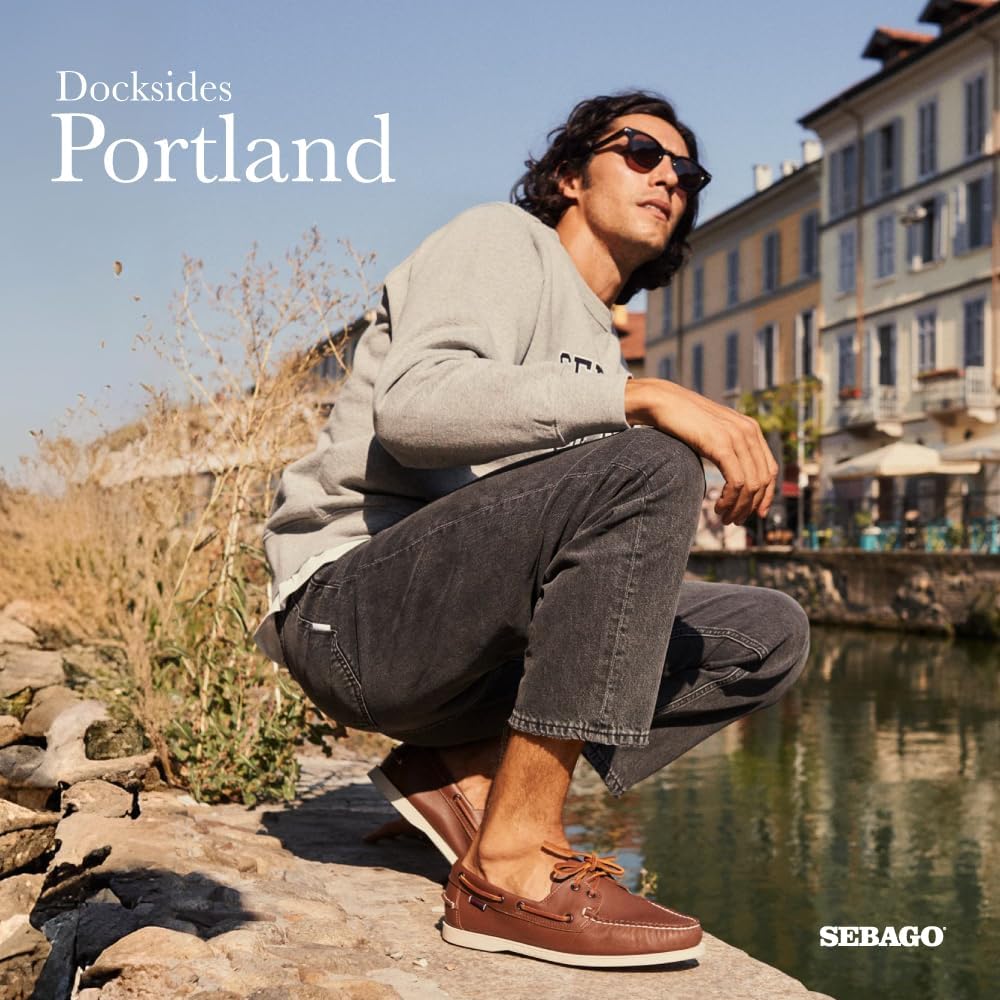 Sebago Portland Chaussures bateau cirées – Mocassins en cuir ciré cousus à la main avec doublure en cuir et semelles extérieures en caoutchouc antidérapantes non marquantes, marron foncé 42 EU Marron