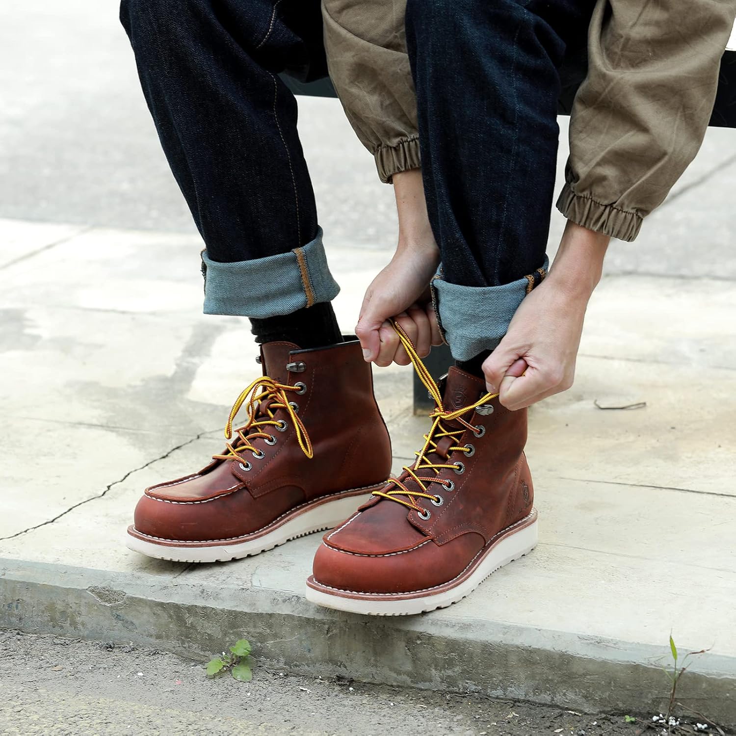 Botte de travail pour hommes, orteils MOC doux, cheville classique, coin de 6 pouces Noir/Marron 41 EU Large Marron Compensée
