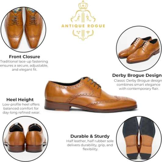 Chaussures Oxford Derby Brogue en Cuir pour Homme, Modèle Luca de Rogue, Style Antique, Idéales pour Les Mariages et Le Bureau - 42 EU Tanné